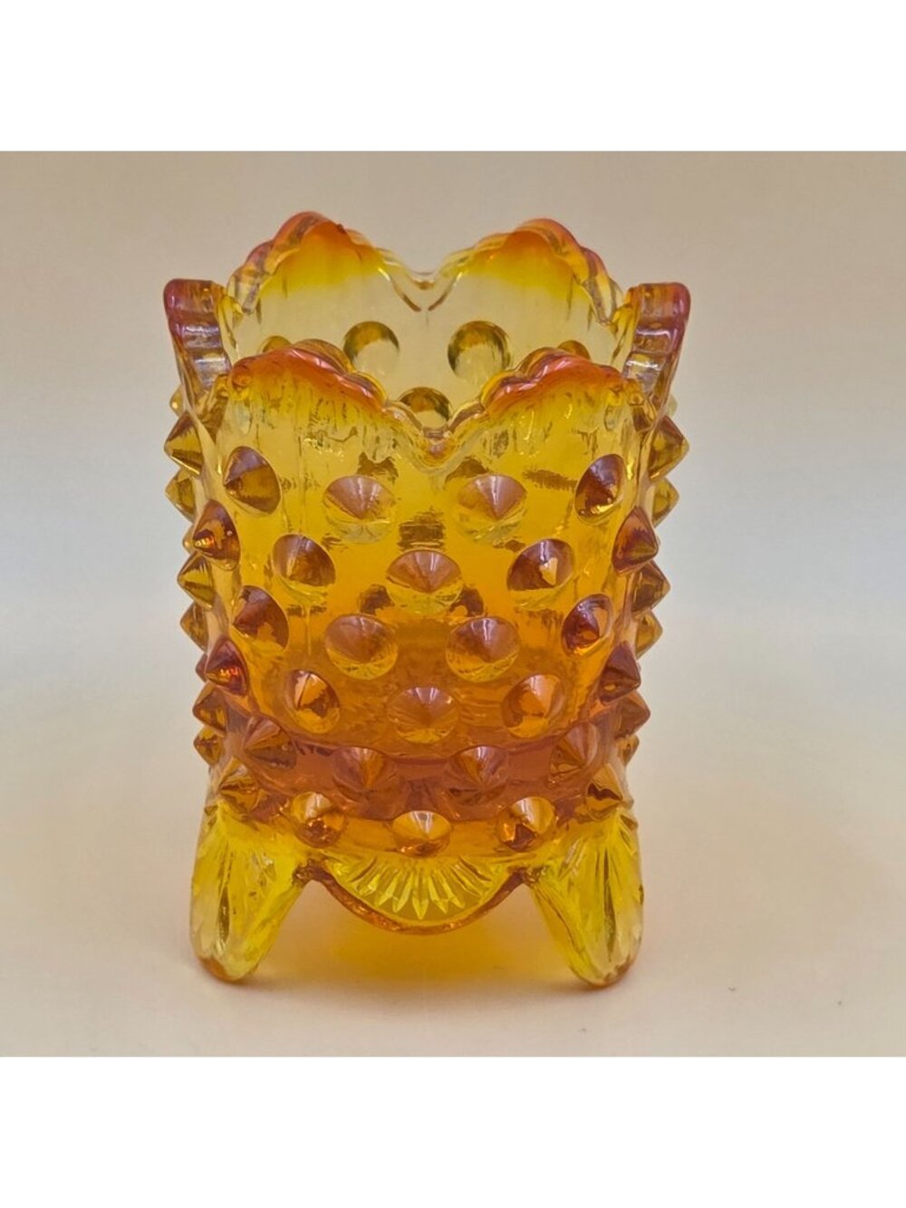 Fenton Hobnail Orange Amberina Glass Toothpick Holder Footed GLOWS
